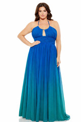 NWT Mac Duggal 14W 77017 Ombré Chiffon Gown Long Plus-Size Wide Keyhole Halter