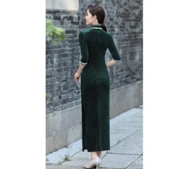 Young Lady Improved Cheongsam Split Shining Dress Long Velvet Qipao ChineseStyle