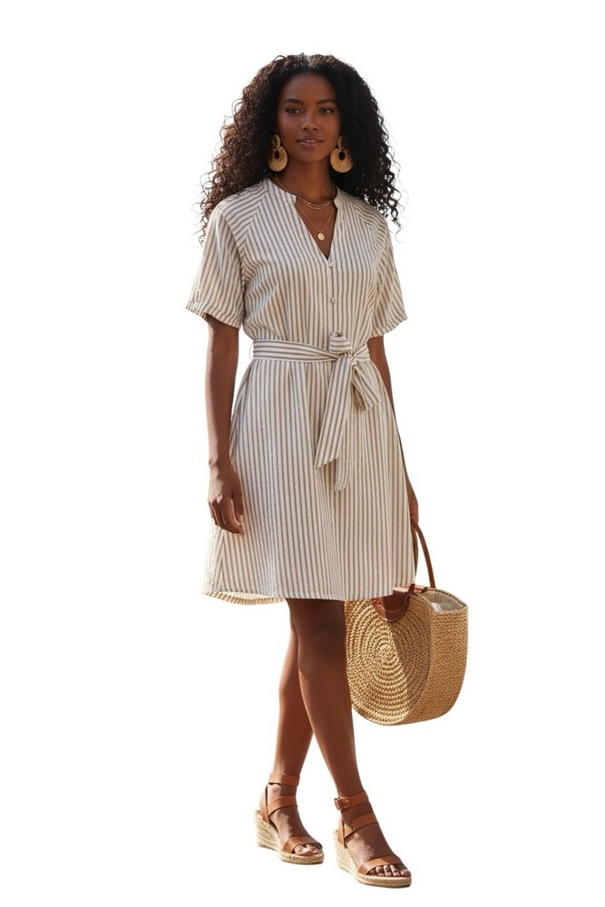 Cabana Life Shell Coast Striped Cotton Dress NWT Size Large V-Neck Belted Summer
