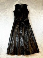 Chartou Women&rsquo;s Black Faux Leather Sleeveless Belted A-Line Dress SIze M