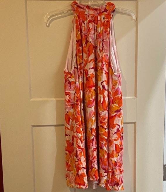 Lulus Women&rsquo;s L Orange Pink White Floral Halter Tie Sleeveless Mini Dress