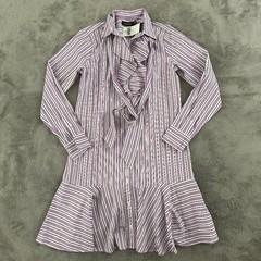 NWT Lauren Ralph Lauren Broadcloth Long Sleeve Shirt Dress 0 Purple Stripe Tie