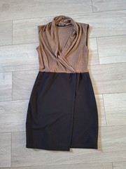 Select Copper & Black Stretch Mock Wrap Shift Dress Party Evening Retro UK14