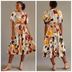 Anthropologie Conditions Apply Puff Sleeved Midi Dress Boho Womens 6 Flaw.
