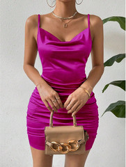 RaffinéaSummer Draped Neck Solid Color Pleated Camisole Sleeveless Elegant Dress