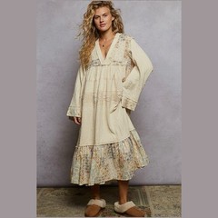 Pol Boho Midi Dress Double Gauze Patchwork Oversize Loose Fit Ivory Size S M L