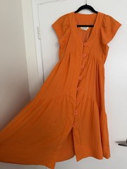 Anthropologie Orange Button Front Puff Sleeve Tiered Dress Size SP Small Petite