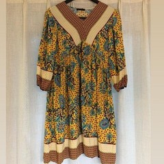 Boho Floral Paisley Mini Dress Yellow Blue Rayon