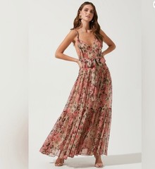 ASTR the Label Eartha Floral Tiered Maxi Dress M/L Taupe Pink READ SIZE INFO