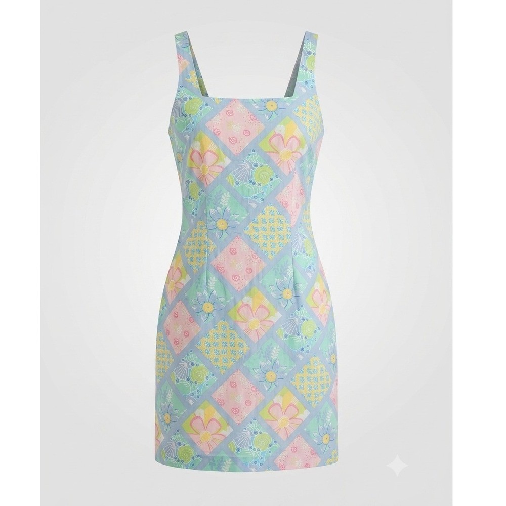 Vintage Beach Pastel Patchwork Tropical Floral Shell Print Mini Dress 10 Y2K
