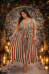 Plus Size 2X Holiday Striped Midi Dress Tie Strap Belted Red Green White