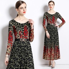 Runway Floral Print Crew Neck Belt Hollow Out Women Casual Party Midi Lace Dress