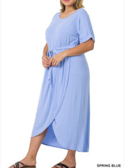 Zenana 3X Soft Stretch Jersey Belted Raglan Short Sleeve Tulip Long Dress Blue