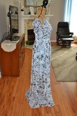Vince Camuto Blue/Gray Floral Cold shoulder Halter Lined Ruffle Maxi Dress 8