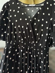 LUXOLOGY Black White Polka Dot V-Neck A-Line Knee Dress Size L Rayon Smocked