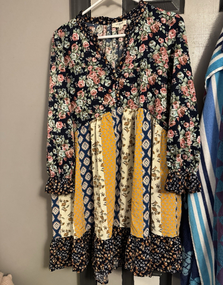 UMGEE Multicolor Floral Boho Babydoll V-Neck Long Sleeve Short Dress M