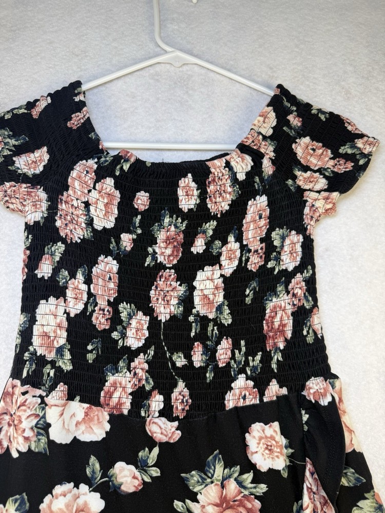 J for Justify Floral Off Shoulder Dress Women’s Large Black Pink Smocked Ruffle
