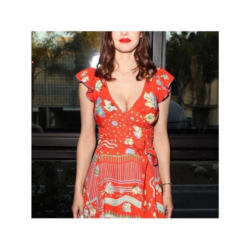 Marc Jacobs Silk Mixed Print Wrap Midi Dress | Orange (Size 0)