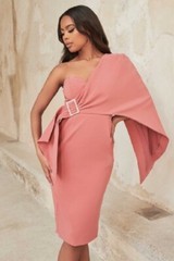 LAVISH ALICE Dusty Rose Pink One-Shoulder Cape Rhinestone Buckle Dress 22US 26UK
