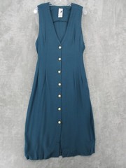 Vintage Dress Womens 14 Western Bohemian Pearl Buttons Turquoise Midi Tie Pleats
