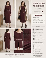 Free&rsquo;s Mart Burgundy Ribbed Knit Midi Dress Set with Belt | One Size