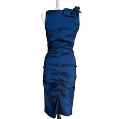 Vintage Betsy & Adam Navy Satin Midi Dress S Rushed Ruffle Glam Event Party