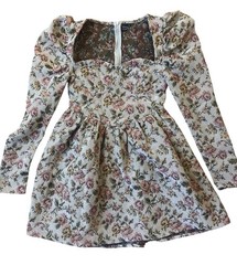 Shein Brocade Dress Womens Small Beige Puffy Sleeve Victorian Peasant Milkmaid