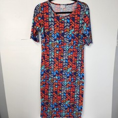 LuLaRoe Julia Dress Medium Multicolor Form Fitting Dress Blue Red Gray