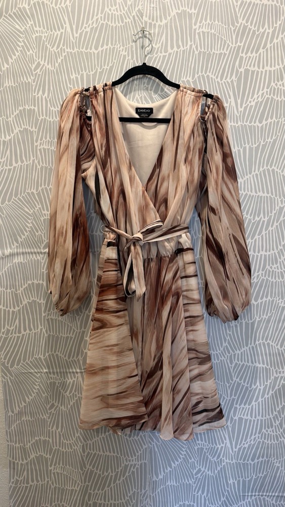 Express Brown Beige Multicolor Abstract Cold Shoulder Wrap Mini Dress Belted M