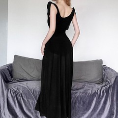 Stylish Black Backless Maxi Dress with High Waist and Double Slit for Women Gown