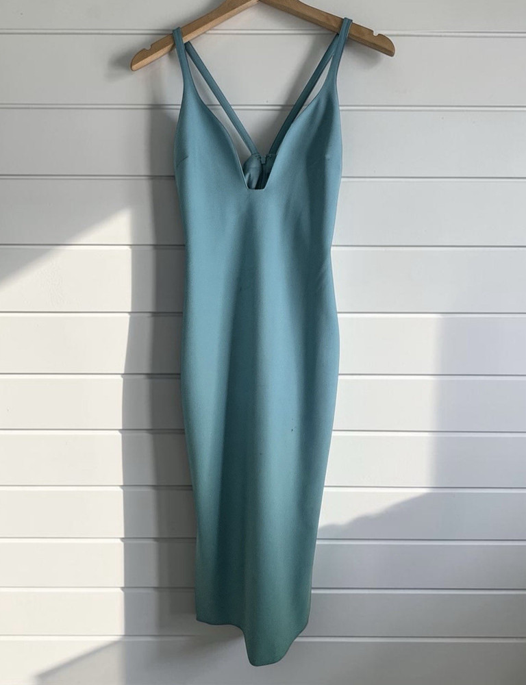 Cinq à Sept Blue Solid V-Neck Spaghetti Strap Midi Slip Dress Side Slit 4