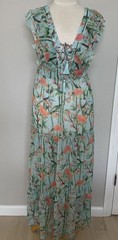 America And Beyond Maxi Dress Size S Turquoise Green Floral Ruffles Cruise NWOT