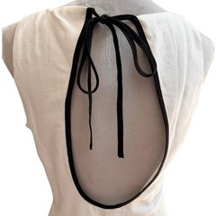 MESHKI Maxi Dress M White Black Piping Open Back Tie Scallop Linen Minimalist