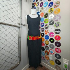 Vtg Deborah Laws Embroidered Fruit Belt Linen Tank Long Wiggle Pencil Dress