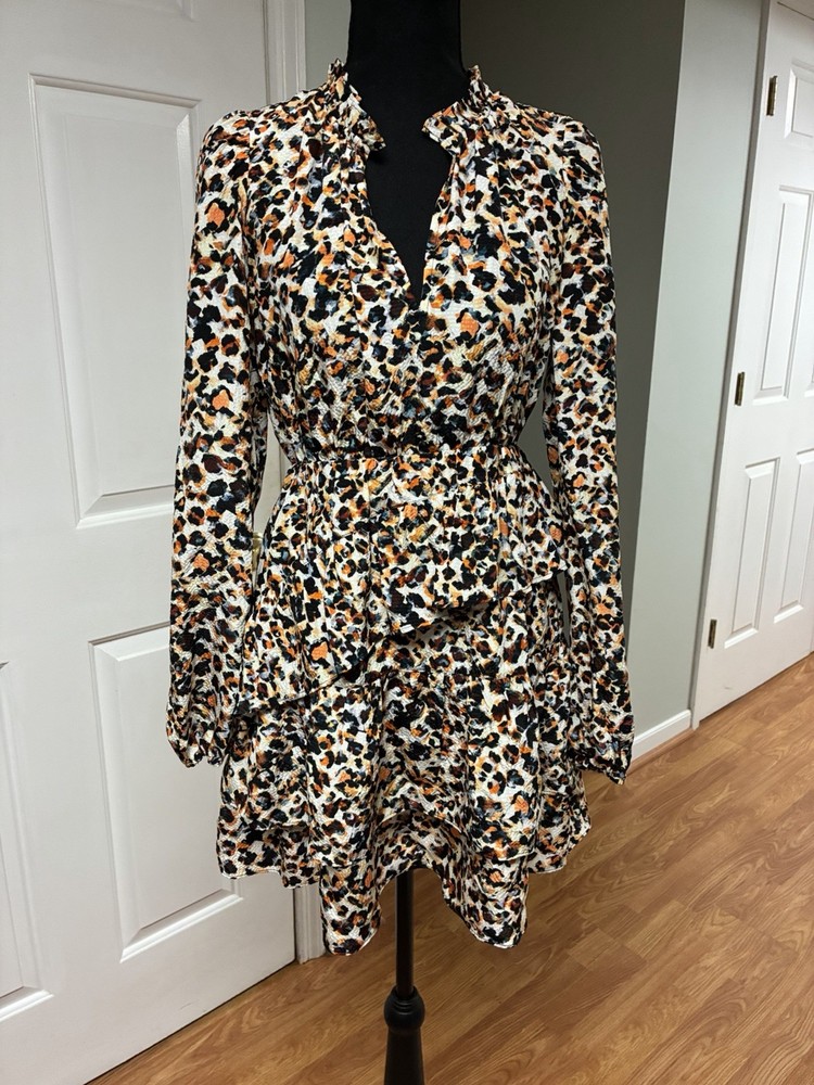 Marie Oliver Leopard Ruffle Tiered Mini Dress XS Animal Print Long Sleeve V-Neck