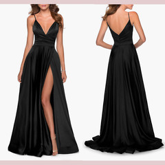 NEW $408 La Femme [ 2 ] V Neck Strappy Back Satin Ballgown in Black #J690