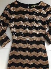 NEW GIANNI BINI Woman’s 2/3 Sleeve Sequin Short Mini Dress Black Gold sz XS