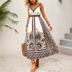 Women&rsquo;s Bohemian Maxi Dress Backless Spaghetti Strap V-Neck Ethnic Print S-XL