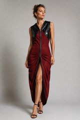 $182 METAMORPHOZA Sleeveless Zip Faux Leather Maxi Dress – Black / Red – S