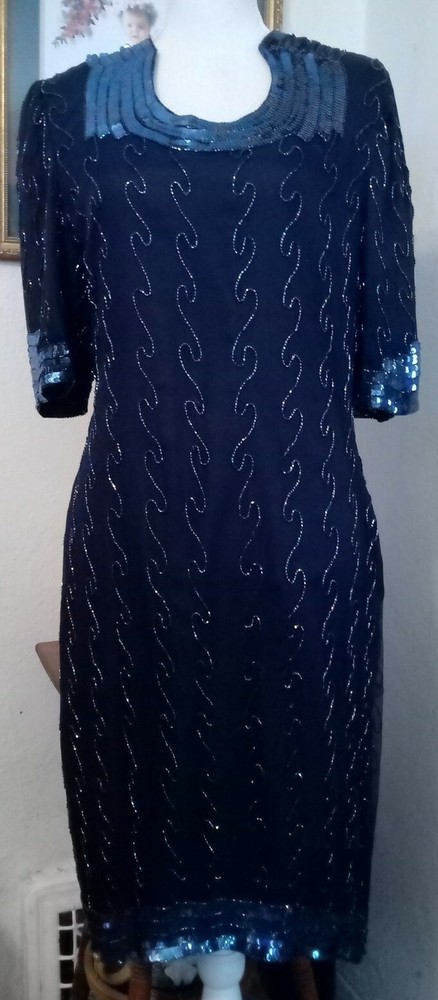 Creative Creations Large Dress Midnight Blue Beaded Sequins Silk Short Sleeves