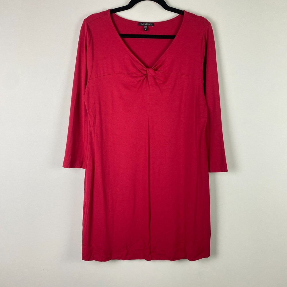 Eileen Fisher Tunic Dress Size Medium Twist Front Jersey 3/4 Sleeves Cranberry