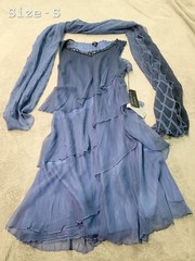 JS Collections Blue Chiffon Ruffle Tiered Beaded Cocktail Dress With Scarf Set