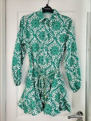 Shein Random Allover Print Lantern Sleeve Belted Shirt Dress Size M