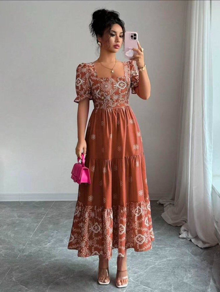Women Blue White Midi Dress Square Neck A Line Short Sleeve Casual Summer Dress