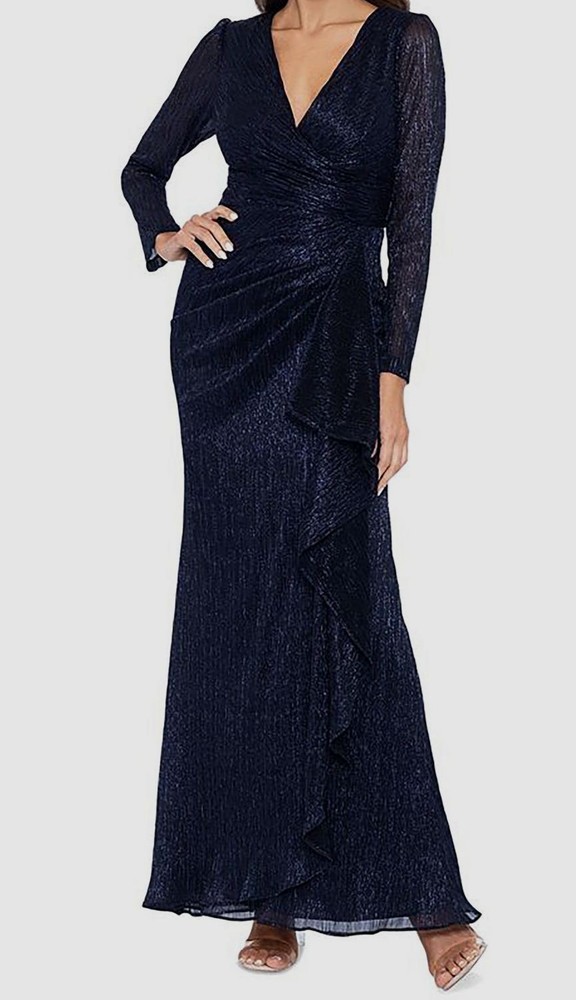 Betsy & Adam Women&rsquo;s Blue Long Sleeves Metallic Ruched Dress Size 4