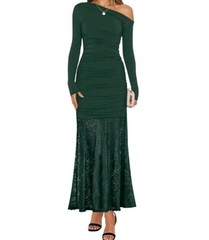 ZESICA Dress Womens XL Green One Shoulder Lace Maxi Ruched Gown Formal New