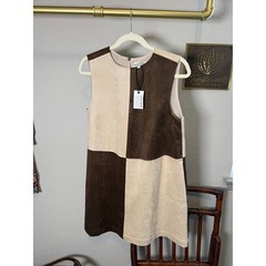 Miou Muse Womens Brown Cream Colorblock Faux Suede Checkerboard Mini Dress M NEW