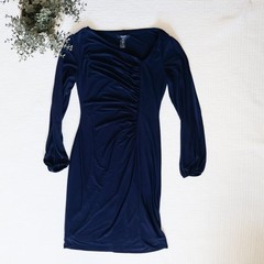 Chaps Navy Ruched Long split Sleeve Dress Stretch Midi Small