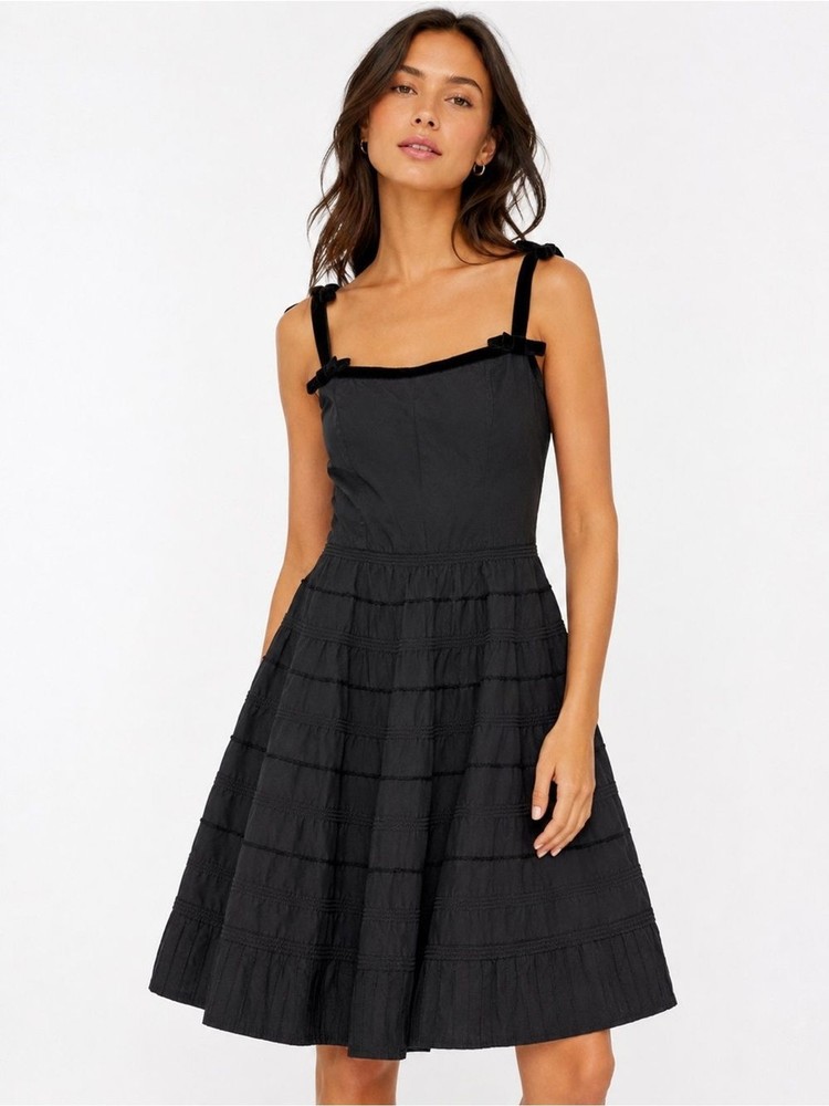 Odille Anthropologie Black Silk Cotton Fit & Flare Dress Velvet Trim Size 6