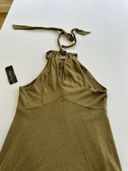 Lauren Ralph Lauren Olive Shimmer Halter Knit Linen Cotton Tie Ruffle Hem Knee M
